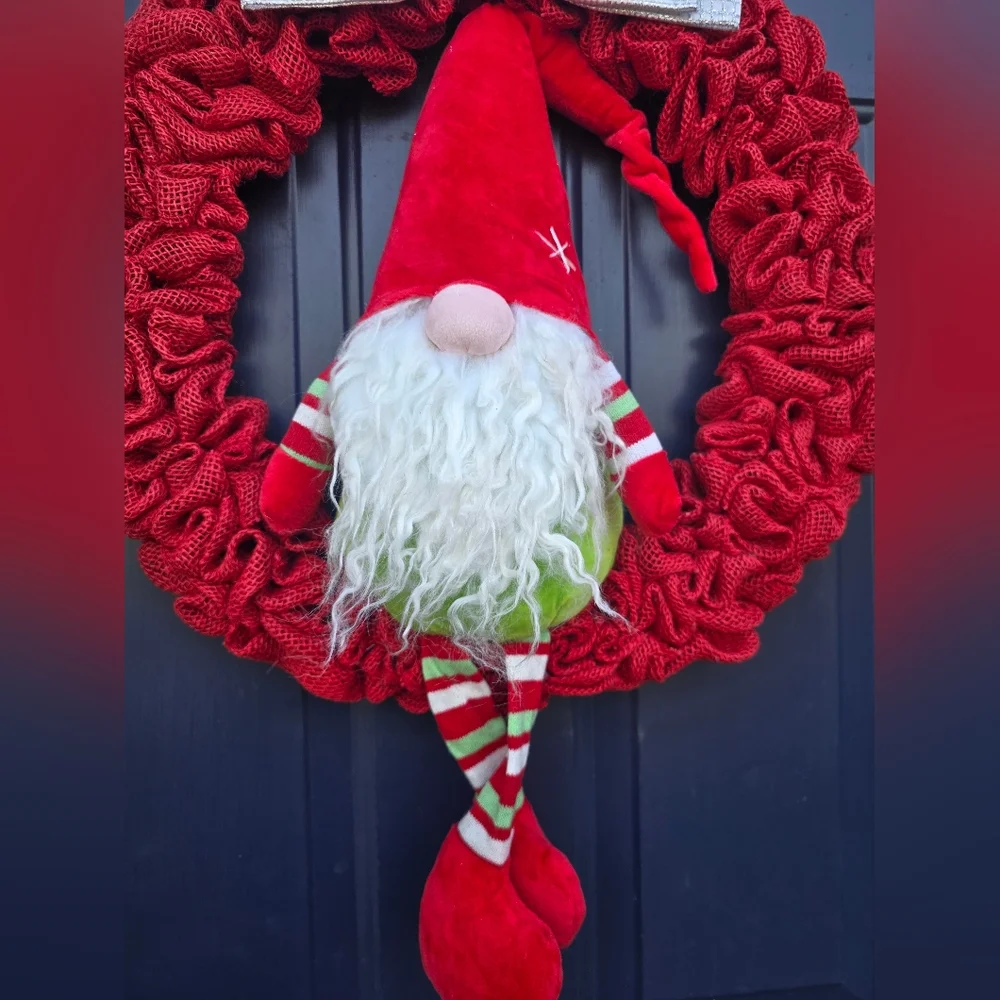 Charming Red Gnome Holiday Wreath with Silver Bow